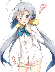 Rule 34 | 10s, 1girl, ahoge, aikawa ryou, blue bow, blue bowtie, blue eyes, blue hair, bow, bowtie, buttons, grey hair, heart, highres, kantai collection, kiyoshimo (kancolle), long hair, long sleeves, low twintails, multicolored hair, one eye closed, panties, panty pull, shirt, simple background, smile, solo, twintails, underwear, very long hair, white background, white panties, white shirt