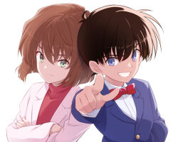 Rule 34 | 1boy, 1girl, blue eyes, blue jacket, bob cut, bow, bowtie, brown hair, buttons, closed mouth, coat, collared shirt, crossed arms, edogawa conan, green eyes, grin, haibara ai, hair between eyes, hand in pocket, hand up, jacket, lab coat, long sleeves, meitantei conan, no eyewear, pointing, pointing at viewer, red bow, red bowtie, red sweater, shirt, short hair, simple background, smile, sweater, teeth, tohoho (hoshinoyami), upper body, white background, white coat, white shirt