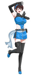 1girl :d ^_^ absurdres arm_up armpits belt belt_pouch black_belt black_footwear black_gloves blue_dress blue_hairband boots breasts brown_hair closed_eyes clothing_cutout commentary_request dr._gero_(staedtler_0508) dress elbow_gloves full-length_zipper full_body gloves hairband highres hip_vent idolmaster idolmaster_cinderella_girls large_breasts oikawa_shizuku open_mouth pouch short_dress short_hair side_cutout simple_background smile solo standing standing_on_one_leg teeth thigh_boots thigh_pouch upper_teeth_only white_background zipper