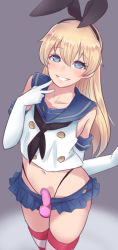 Rule 34 | 10s, 14sai bishoujo (shoutarou), 1boy, :d, blonde hair, blue eyes, bulge, collarbone, crossdressing, elbow gloves, erection, erection under clothes, g-string, gender request, genderswap, gloves, highres, kantai collection, long hair, looking at viewer, male focus, miniskirt, navel, open mouth, panties, penis, penis in panties, pleated skirt, sailor collar, shimakaze (kancolle), skirt, smile, solo, striped clothes, striped thighhighs, thighhighs, thong, trap, underwear, v