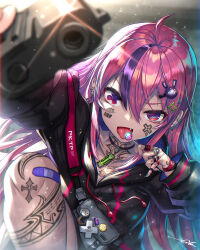 Rule 34 | 1girl, ahoge, aiming, aiming at viewer, asymmetrical eyes, bandaid, bandaid on knee, bandaid on leg, barcode, barcode tattoo, blurry, candy, choker, commentary request, cross tattoo, depth of field, earrings, fang, food, foreshortening, gia, gleam, gun, hair ornament, hairclip, highres, jewelry, lollipop, long hair, multicolored hair, nail polish, original, pink eyes, pink hair, purple hair, ring, signature, streaked hair, tattoo, two-tone hair, weapon