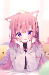 Rule 34 | 1girl, :o, animal, animal ears, animal on head, bird, blurry, blurry background, blurry foreground, chick, commentary, depth of field, deyui, grey jacket, indie utaite, indie virtual youtuber, jacket, long hair, long sleeves, looking at viewer, lying, mikeneko (vtuber), mikeneko (vtuber) (old design), on head, on stomach, open mouth, original, pink hair, puffy long sleeves, puffy sleeves, purple eyes, solo, stuffed animal, stuffed toy, teddy bear, teeth, upper teeth only, utaite, virtual youtuber