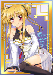 Rule 34 | 1girl, ass, bare shoulders, black panties, black thighhighs, blonde hair, blush, breasts, cleavage, closed mouth, fate testarossa, garter straps, highres, large breasts, long hair, looking at viewer, lyrical nanoha, mahou shoujo lyrical nanoha strikers, panties, red eyes, san-pon, smile, solo, thighhighs, underwear