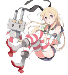 Rule 34 | 10s, 1girl, :3, :o, alternate eye color, black panties, blonde hair, blue skirt, boots, drink, elbow gloves, gloves, grey footwear, hairband, haseneko, kantai collection, lifebuoy, long hair, looking at viewer, panties, purple eyes, rensouhou-chan, shimakaze (kancolle), simple background, skirt, striped clothes, striped thighhighs, swim ring, thighhighs, underwear, white background
