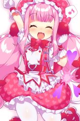Rule 34 | 1girl, :3, backpack, bag, blunt bangs, blush, bombergirl, breasts, clenched hands, closed eyes, dress, fang, frilled skirt, frills, gloves, hair ornament, heart, heart print, highres, jumping, long hair, momoko (bombergirl), msp sammy, musical note, open mouth, pantyhose, pink footwear, pink hair, pink headwear, pink skirt, puffy short sleeves, puffy sleeves, short sleeves, sidelocks, simple background, skirt, small breasts, solo, spoken musical note, twintails, white background, white gloves, white pantyhose