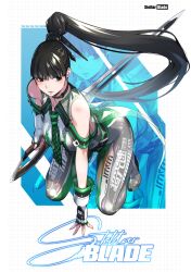 Rule 34 | 1girl, black hair, blunt bangs, bodysuit, breasts, brown eyes, company connection, eve (stellar blade), full body, fune (fune93ojj), goddess of victory: nikke, green bodysuit, highres, long hair, multicolored bodysuit, multicolored clothes, planet diving suit (7th) (stellar blade), ponytail, silver bodysuit, skin tight, sleeveless, sleeveless bodysuit, solo, squatting, stellar blade, sword, tight clothes, very long hair, weapon