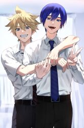 Rule 34 | 2boys, belt, blonde hair, blue eyes, blue hair, blue necktie, facing viewer, grin, hair between eyes, happy, highres, holding another&#039;s arm, holding another&#039;s wrist, hug, hug from behind, kagamine len, kaito (vocaloid), looking at viewer, male focus, multiple boys, necktie, open mouth, pants, school uniform, shirt, short hair, simple background, smile, spiked hair, standing, teeth, tetorutti35, v, vocaloid, white shirt