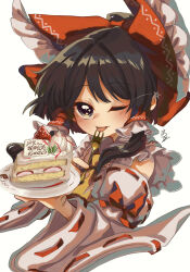 Rule 34 | 1girl, absurdres, bare shoulders, black hair, blush, bow, brown eyes, cake, cake slice, detached sleeves, food, fork, hair bow, hair tubes, hakurei reimu, highres, holding, holding fork, japanese clothes, long hair, looking at viewer, matsukuzu, nontraditional miko, one eye closed, red bow, ribbon-trimmed sleeves, ribbon trim, sidelocks, simple background, solo, star (symbol), tongue, tongue out, touhou, upper body, white background, white sleeves, wide sleeves