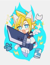 Rule 34 | 1boy, animal ears, animal feet, animal hands, armor, blonde hair, blue background, blue eyes, blue gloves, blue pants, blue shirt, blush stickers, can, cat boy, cat ears, cat tail, cloud strife, drink can, earrings, fang, final fantasy, final fantasy vii, full body, gloves, grey background, highres, jewelry, keiseki1, kemonomimi mode, lightning bolt symbol, male focus, open mouth, pants, pauldrons, paw print, shirt, short hair, shoulder armor, skin fang, sleeveless, soda can, solo, sparkle, sparkling eyes, spiked hair, stud earrings, tail, white wings, wings