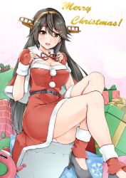 Rule 34 | 1girl, alternate costume, belt, black footwear, black hair, blush, breasts, brown eyes, chimney, cleavage, dress, fingerless gloves, full body, fur-trimmed dress, fur trim, gift, gloves, hairband, haruna (kancolle), headgear, high heels, highres, kantai collection, large breasts, leg warmers, long hair, looking at viewer, merry christmas, off-shoulder dress, off shoulder, open mouth, panties, pantyshot, pumps, red dress, red gloves, sezok, simple background, sitting, smile, solo, underwear, white background