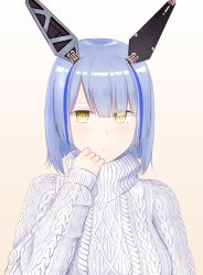 Rule 34 | 1girl, azur lane, blue hair, cable knit, closed mouth, gascogne (azur lane), hair ornament, hand up, highres, looking at viewer, medium hair, ribbed sweater, simple background, solo, sweater, topgear, white sweater, yellow eyes