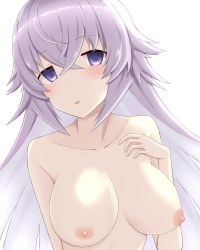 Rule 34 | 1girl, blue eyes, blush, breasts, collarbone, empty eyes, grimms notes, highres, large breasts, long hair, magic mirror (grimms notes), ni ni take, nipples, nude, open mouth, purple hair, simple background, solo, upper body, white background
