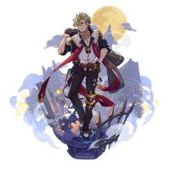 Rule 34 | 1boy, backlighting, belt, blonde hair, book, cat, curran (dragalia lost), dragalia lost, facial hair, full body, full moon, gloves, hand on own hip, jacket, jacket on shoulders, looking at viewer, male focus, moon, non-web source, official art, puddle, saitou naoki, short hair, solo, transparent background