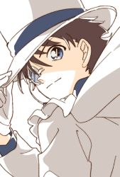 Rule 34 | 1boy, adjusting clothes, adjusting headwear, blue eyes, blue shirt, brown hair, cape, closed mouth, commentary, formal, gloves, hand up, hat, highres, jacket, kaitou kid, light smile, long sleeves, looking at viewer, looking back, magic kaito, male focus, meitantei conan, monocle, monocle chain, namori, shirt, short hair, simple background, solo, split mouth, suit, symbol-only commentary, top hat, upper body, white background, white cape, white gloves, white hat, white jacket, white suit