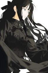 Rule 34 | 1girl, black bow, black dress, black hair, black sleeves, blue eyes, blunt bangs, bow, buttons, collared dress, cropped torso, dress, eyelashes, hair bow, high collar, highres, kazari tayu, long hair, long sleeves, looking ahead, open mouth, original, simple background, smile, solo, teeth, very long hair, white background, wide sleeves