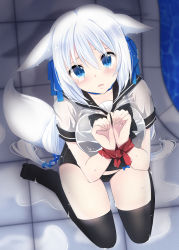 Rule 34 | 1girl, animal ears, bdsm, black one-piece swimsuit, black thighhighs, blue bow, blue collar, blue eyes, blue ribbon, blush, bondage, bound, bound wrists, bow, breasts, collar, commentary request, female focus, fox ears, fox girl, fox tail, from above, full body, hair between eyes, hair ribbon, highres, kneeling, long hair, looking at viewer, looking up, on ground, one-piece swimsuit, open mouth, original, restrained, ribbon, school uniform, see-through, setahikaru, shirt, sitting, solo, swimsuit, swimsuit under clothes, tail, tears, thighhighs, very long hair, wariza, water, wet, wet clothes, wet shirt, white hair
