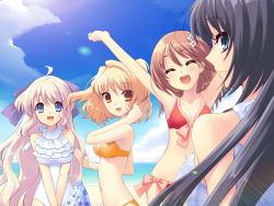 Rule 34 | 4girls, ahoge, arms up, beach, bikini, black hair, blonde hair, blue eyes, bow, brown hair, day, flyable heart, game cg, hair bow, highres, inaba yui, ito noizi, long hair, minase sakurako, multiple girls, open mouth, outdoors, outstretched arms, polka dot, polka dot bikini, polka dot swimsuit, shirasagi mayuri, short hair, smile, stretching, sumeragi amane (flyable heart), swimsuit, water