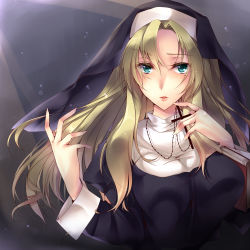 Rule 34 | 1girl, amane ruri, bad id, bad pixiv id, blonde hair, blue eyes, book, breasts, highres, jewelry, large breasts, long hair, looking at viewer, necklace, nun, original, solo, traditional nun, type (artist)