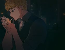 Rule 34 | bags under eyes, blonde hair, blurry, blurry background, chaeu nl, cigarette, collarbone, collared shirt, depth of field, fire, from side, grey eyes, highres, holding, kimi ga shine, lighting cigarette, looking down, night, night sky, shinogi keiji, shirt, short sleeves, sky, smoking, solo, vest