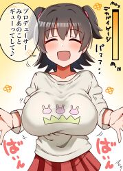 Rule 34 | 1girl, akagi miria, alternate breast size, black hair, blush, bouncing breasts, breasts, check commentary, closed eyes, collarbone, commentary request, dot nose, gauge, gradient background, hair between eyes, hands up, highres, idolmaster, idolmaster cinderella girls, large breasts, long sleeves, mabanna, open mouth, oppai loli, pleated skirt, print shirt, red skirt, shirt, short hair, short twintails, skirt, smile, solo, speech bubble, translation request, twintails, white background, white shirt, yellow background