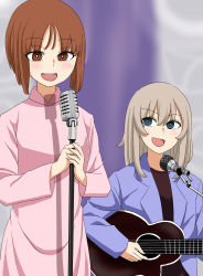 Rule 34 | 2girls, black shirt, blazer, blue eyes, blue jacket, blurry, blurry background, blush, brown eyes, brown hair, casual, commentary, dress, girls und panzer, guitar, high collar, highres, holding, holding instrument, instrument, itsumi erika, jacket, long sleeves, looking at another, medium hair, microphone, microphone stand, multiple girls, music, natsume mina, nishizumi miho, open mouth, pink dress, playing instrument, shirt, short hair, silver hair, singing, sitting, smile, yuri