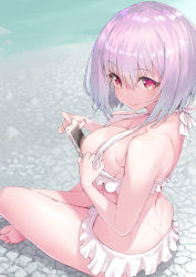 Rule 34 | 10s, 1girl, barefoot, bikini, bikini pull, blurry, blurry background, bob cut, breasts, butt crack, cellphone, cleavage, closed mouth, clothes pull, commentary request, depth of field, dimples of venus, frilled bikini, frills, from side, gridman universe, halterneck, highres, indian style, jonsun, large breasts, looking at viewer, object in clothes, object in swimsuit, outdoors, phone, pink hair, pulling own clothes, red eyes, shinjou akane, short hair, sideboob, sitting, smartphone, smile, solo, ssss.gridman, strap gap, swimsuit, white bikini