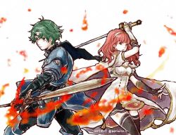 Rule 34 | alm (fire emblem), armor, cape, celica (fire emblem), circlet, dress, fire, fire emblem, fire emblem echoes: shadows of valentia, fire emblem gaiden, green hair, holding, holding weapon, insarability, nintendo, red hair, sword, tiara, twitter username, weapon