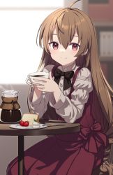 Rule 34 | 1girl, absurdres, ahoge, black bow, blush, bow, bowtie, braid, brown hair, cake, coffee, coffee pot, cup, dress, food, fork, fruit, highres, hiraga matsuri, holding, holding cup, long hair, long sleeves, looking at viewer, low-braided long hair, low-tied long hair, original, pink eyes, plate, puffy sleeves, red dress, sitting, smile, solo, strawberry, table, very long hair