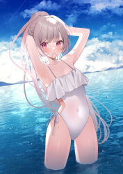 Rule 34 | 1girl, arms up, blue sky, blush, casual one-piece swimsuit, cloud, collarbone, covered navel, day, frilled one-piece swimsuit, frills, hair tie in mouth, highres, light brown hair, long hair, mouth hold, ocean, off-shoulder one-piece swimsuit, off shoulder, one-piece swimsuit, original, outdoors, pink eyes, ponytail, ragi (diabolik angle), sky, solo, swimsuit, wading, white one-piece swimsuit