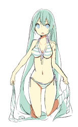 Rule 34 | 1girl, aqua eyes, aqua hair, bad id, bad pixiv id, bikini, blue eyes, breasts, cleavage, hatsune miku, kneeling, long hair, looking at viewer, meno, navel, open mouth, simple background, solo, striped bikini, striped clothes, striped thighhighs, swimsuit, thighhighs, twintails, undressing, very long hair, vocaloid