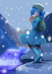 Rule 34 | 1girl, backpack, bag, blue hair, blush, boots, female focus, gift, green eyes, hat, holding, holding gift, ishikkoro, kawashiro nitori, looking back, open mouth, pantyhose, randoseru, rubber boots, short hair, snow, solo, touhou, twintails, two side up, water spring, winter