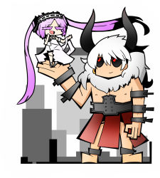 Rule 34 | 1boy, 1girl, absurdly long hair, asterios (fate), barefoot, black sclera, colored sclera, dress, earrings, euryale (fate), eyelashes, closed eyes, fate/grand order, fate (series), frills, hairband, highres, horns, jewelry, lifting person, lolita hairband, long hair, mane, minussemi, nipples, no nose, open mouth, purple hair, red eyes, single earring, size difference, standing, twintails, very long hair, white dress, white hair