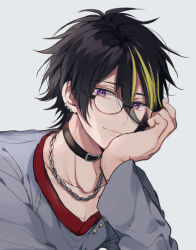 Rule 34 | 1boy, bespectacled, black hair, blonde hair, chain, choker, ear piercing, from argonavis, glasses, hand on own face, hand rest, jewelry, male focus, mizukikushou, multicolored hair, necklace, piercing, purple eyes, simple background, solo, streaked hair, white background
