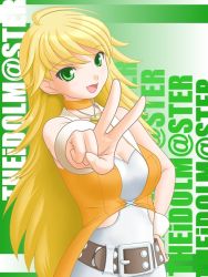 Rule 34 | 00s, 1girl, belt, blonde hair, cool &amp; sexy (idolmaster), green eyes, hand on own hip, hoshii miki, idolmaster, idolmaster (classic), idolmaster 1, long hair, open mouth, solo, t2r, v
