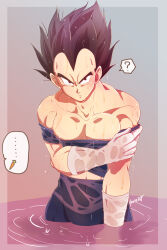 Rule 34 | 1boy, ?, artist name, bara, black hair, blue bodysuit, bodysuit, closed mouth, clothes pull, dragon ball, dragonball z, fuoore (fore0042), gloves, highres, large pectorals, male focus, muscular, muscular male, nipples, partially submerged, pectorals, short hair, solo, spiked hair, vegeta, water, wet, wet clothes, wet hair, white gloves