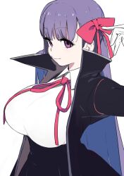 Rule 34 | 1girl, bb (fate), bb (fate/extra), bow, breasts, fate/extra, fate/extra ccc, fate/grand order, fate (series), gloves, hair bow, large breasts, long hair, looking at viewer, neck ribbon, popped collar, purple eyes, purple hair, red bow, red ribbon, ribbon, simple background, sohin, solo, very long hair, white background, white gloves