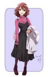 Rule 34 | 1girl, :d, alternate costume, ankle boots, bag, black dress, blue background, boots, brown hair, casual, coat, unworn coat, dated, dress, full body, handbag, hibike! euphonium, highres, holding, long sleeves, looking at viewer, nii manabu, open mouth, oumae kumiko, pantyhose, pink sweater, purple pantyhose, red footwear, short hair, shoulder bag, signature, sleeves past wrists, smile, solo, standing, sweater, tareme, teeth, two-tone background, upper teeth only, white coat, yellow eyes
