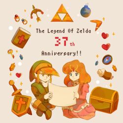 Rule 34 | 1boy, 1girl, anniversary, arrow (projectile), blue eyes, book, boomerang, bow (weapon), brown hair, compass, dress, elf, food, hat, highres, key, link, map, nintendo, pink dress, pointy ears, princess zelda, rupee (zelda), shield, sitting, smile, sword, the legend of zelda, the legend of zelda (nes), tiara, treasure chest, triforce, tunic, weapon