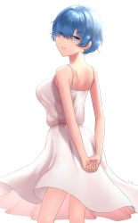 Rule 34 | 1girl, 1nilla&#039;, :d, absurdres, alternate costume, arms behind back, bare shoulders, blue eyes, blue hair, blush, breasts, commentary, dress, english commentary, from behind, grin, hair ornament, hair over one eye, highres, looking at viewer, looking back, medium breasts, no ribbon, open mouth, own hands together, re:zero kara hajimeru isekai seikatsu, rem (re:zero), short hair, simple background, smile, solo, spaghetti strap, white background, white dress, x hair ornament