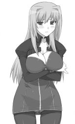 Rule 34 | 1girl, blush, breast hold, breasts, cleavage, crossed arms, crotch seam, greyscale, large breasts, lisa vixen, long hair, monochrome, panties, panties under pantyhose, pantyhose, pantyshot, routes, shichimenchou, solo, thighband pantyhose, underwear