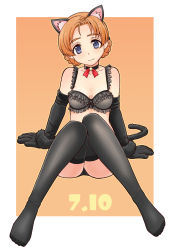 Rule 34 | 1girl, animal ear fluff, animal ears, animal hands, arm support, black bra, black choker, black panties, black ribbon, black thighhighs, blue eyes, bow, bow bra, bow choker, bra, braid, breasts, cat ears, cat tail, choker, closed mouth, commentary, dated, elbow gloves, fake animal ears, fake tail, frilled bra, frills, full body, girls und panzer, gloves, hair ribbon, head tilt, highres, lingerie, looking at viewer, open mouth, orange background, orange hair, orange pekoe (girls und panzer), panties, parted bangs, paw gloves, ribbon, short hair, sitting, small breasts, smile, solo, tail, thighhighs, twin braids, underwear, underwear only, uona telepin
