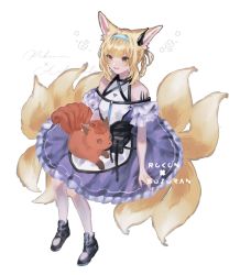 Rule 34 | 1girl, animal, animal ears, animal on lap, arknights, bare shoulders, blonde hair, blue hairband, braid, character name, copyright name, creatures (company), dress, english text, fox ears, fox tail, game freak, gen 1 pokemon, green eyes, gu (gu da yo), hairband, highres, material growth, multiple tails, nintendo, on lap, oripathy lesion (arknights), pokemon, pokemon (creature), simple background, suzuran (arknights), tail, vulpix, white background