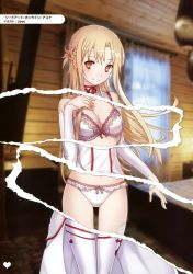 Rule 34 | 1girl, absurdres, arm at side, asuna (sao), bare shoulders, bed, bedroom, blonde hair, blurry, blush, bra, braid, breasts, brown eyes, bunbun, character name, cleavage, closed mouth, copyright name, curtains, depth of field, detached sleeves, floral print, french braid, frilled bra, frills, hand on own chest, heart, highres, indoors, lingerie, long hair, long sleeves, medium breasts, page number, panties, revealing layer, scan, sleeves past wrists, smile, solo, sword art online, tareme, thighhighs, underwear, white bra, white panties, white thighhighs, window, wooden ceiling, wooden wall