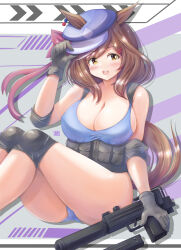 Rule 34 | 1girl, absurdres, alternate costume, animal ears, breasts, brown hair, cleavage, commentary, gloves, gun, hair ornament, hairclip, hat, highres, horse girl, knee pads, large breasts, looking at viewer, mac-10/11, matikane tannhauser (umamusume), medium hair, military, open mouth, simple background, solo, submachine gun, tong shui, umamusume, weapon, yellow eyes