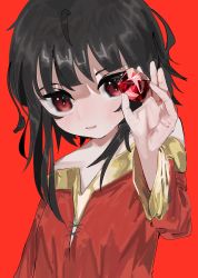 Rule 34 | 1girl, absurdres, ahoge, black hair, blunt bangs, commentary request, donut 335, dress, eyebrows hidden by hair, hand up, highres, holding, holding crystal, kono subarashii sekai ni shukufuku wo!, light blush, long sleeves, looking at viewer, megumin, off-shoulder dress, off shoulder, parted lips, red background, red dress, red eyes, short hair with long locks, simple background, solo, upper body
