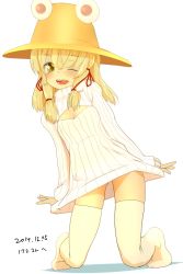 Rule 34 | 1girl, 2014, ;d, blonde hair, blush, breasts, cleavage, dated, hair ribbon, hat, ishikkoro, looking at viewer, meme attire, moriya suwako, one eye closed, open-chest sweater, open mouth, ribbed sweater, ribbon, short hair, small breasts, smile, solo, sweater, thighhighs, touhou, white thighhighs, yellow eyes