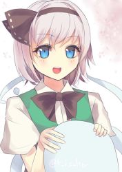 Rule 34 | 1girl, :d, black bow, black bowtie, blue eyes, blush, bow, bowtie, culter, green theme, green vest, hairband, konpaku youmu, konpaku youmu (ghost), looking at viewer, one-hour drawing challenge, open mouth, puffy short sleeves, puffy sleeves, shirt, short hair, short sleeves, silver hair, smile, solo, touhou, twitter username, upper body, vest, white shirt