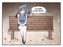 Rule 34 | 1girl, bench, blue eyes, blue hair, breasts, closed mouth, comic, gloves, hair ornament, hairclip, highres, hinghoi, internet explorer, medium breasts, original, sad, side ponytail, sitting, solo, white gloves