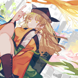 Rule 34 | 1girl, artist name, bad id, bad pixiv id, black hat, blonde hair, boots, breasts, brown footwear, brown hat, cape, chair, closed mouth, detached sleeves, door, energy, green skirt, grey background, hand up, hat, highres, knees, kyuutame, long hair, long sleeves, looking up, matara okina, medium breasts, orange cape, orange sleeves, pointing, shirt, sitting, skirt, smile, solo, touhou, white background, white shirt, wide sleeves, yellow eyes