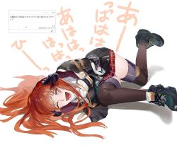 Rule 34 | 1girl, arknights, bagpipe (arknights), black footwear, black gloves, black jacket, black skirt, black thighhighs, blush, boots, breasts, collared shirt, commentary, cross-laced footwear, dragon horns, drooling, full body, gloves, highres, holding stomach, horns, infection monitor (arknights), jacket, lace-up boots, laughing, long hair, lying, medium breasts, miniskirt, odoroki itakotoni (kaiteki nakusshon), on side, open clothes, open jacket, open mouth, orange hair, plaid, plaid skirt, pleated skirt, red skirt, saliva, self hug, shadow, shirt, shoes, simple background, skirt, smile, sneakers, solo, tearing up, tears, thighhighs, translated, twitter username, white background, white shirt